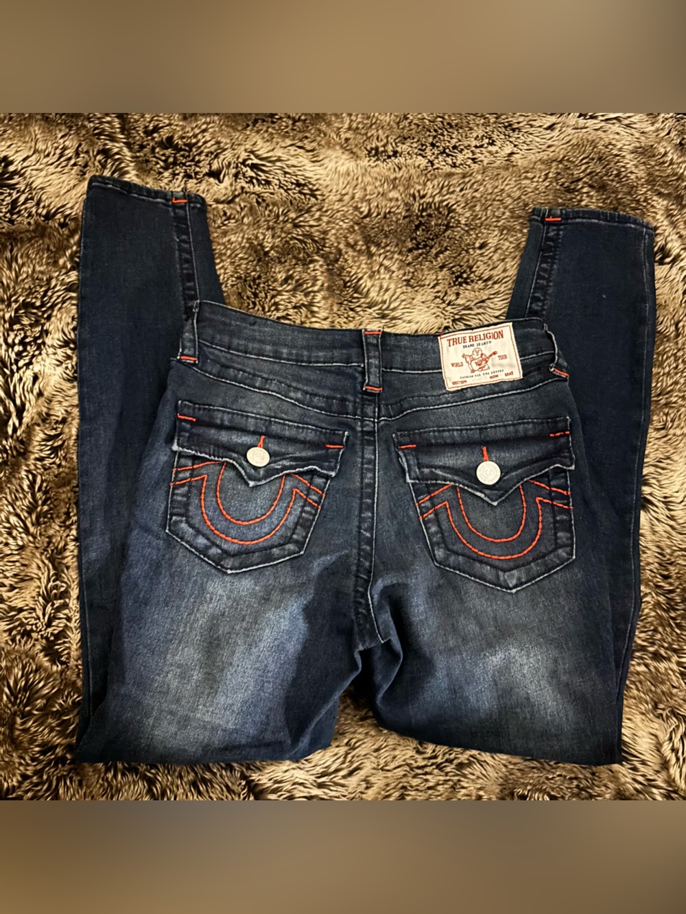True Religion Women’s Dark Blue Slim Straight Jeans with Red Stitching
